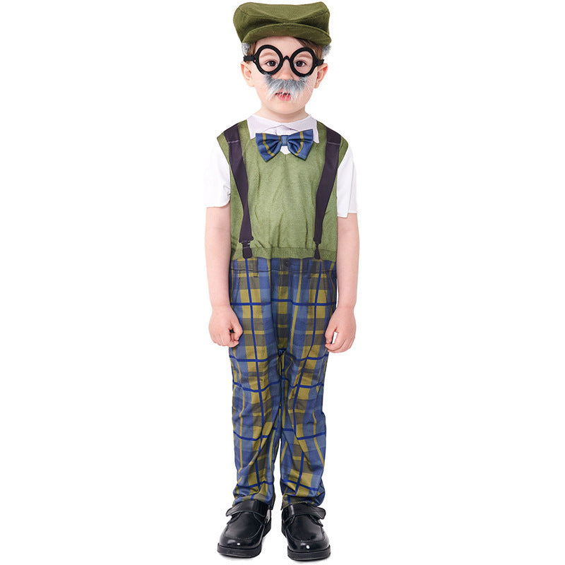 Halloween Costume Children's Role Play Grandpa Jumpsuit with Hat and Glasses Set Plaid Pants