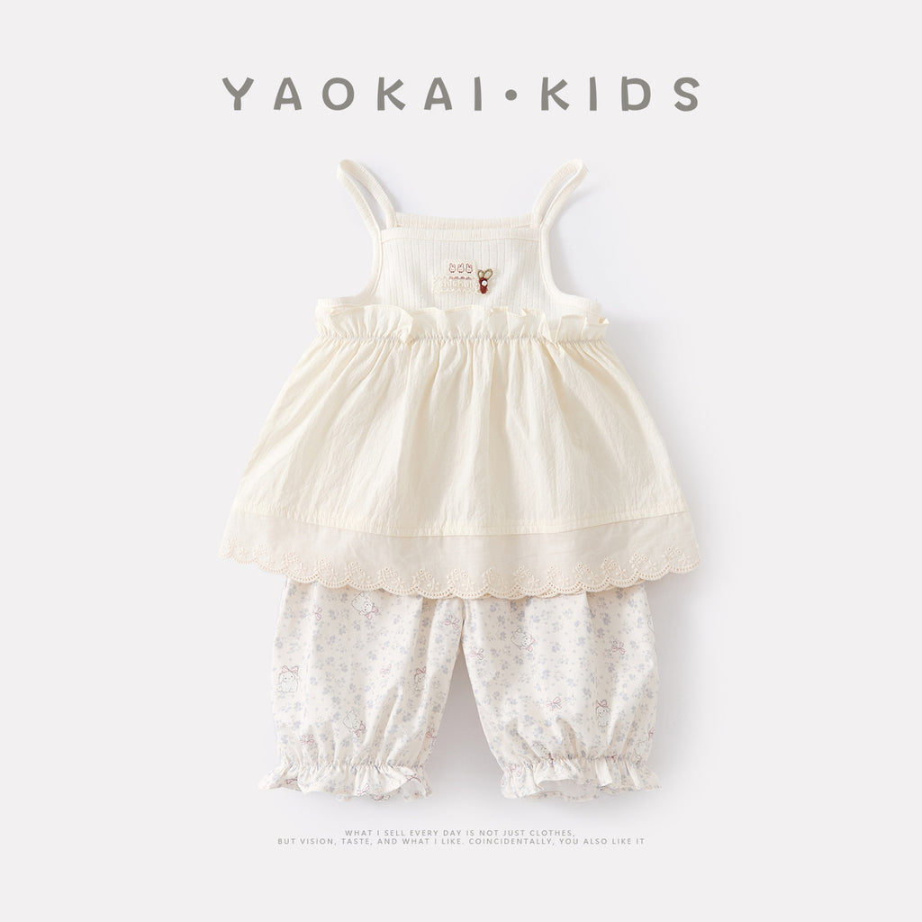 Cartoon Cute Rabbit Lace Strap Girl Baby Floral Breathable Cuffed Pants Two-Piece Set