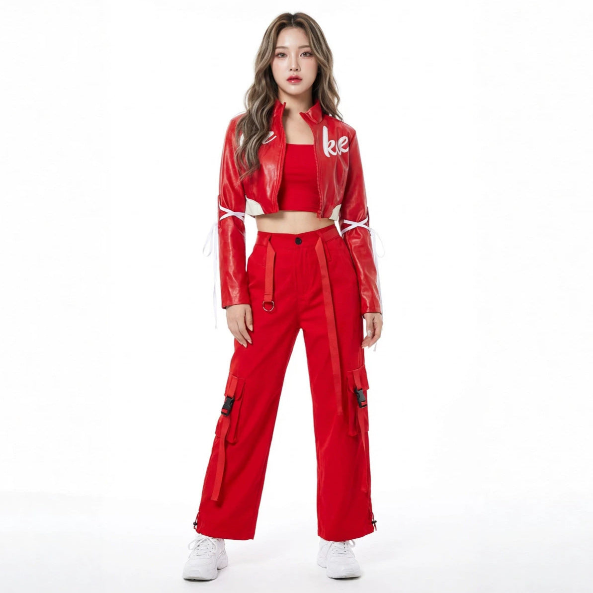 Red Trendy Jazz Hip-Hop Dance Performance Outfit, Girl Group Style Cheerleading Stage Costume Set