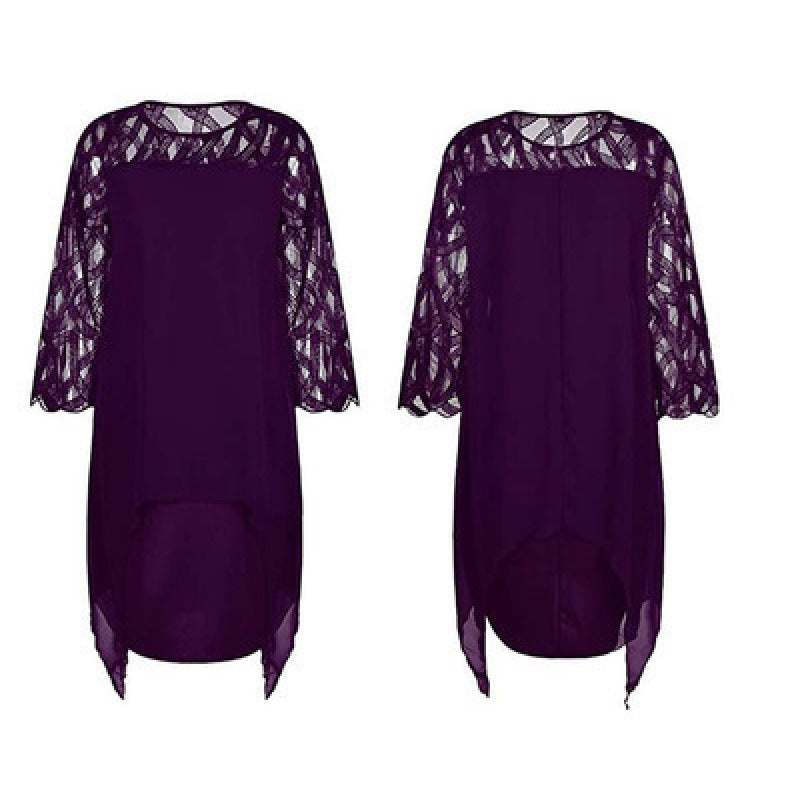 Lace Patchwork Three-Quarter Sleeve Irregular Hem Chiffon Dress