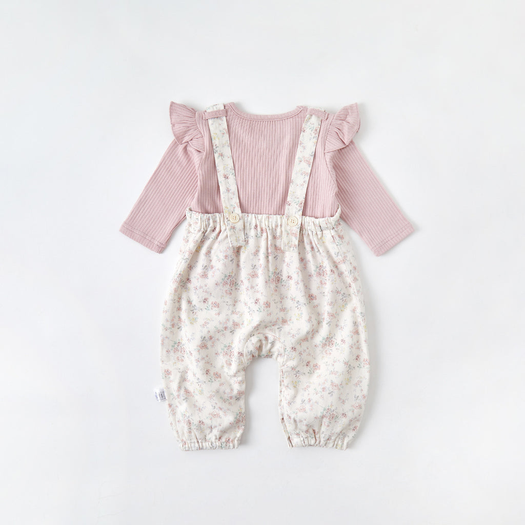 Floral Overalls Set with Bodysuit for Baby Girls, Autumn Fashion Two-Piece Outfit