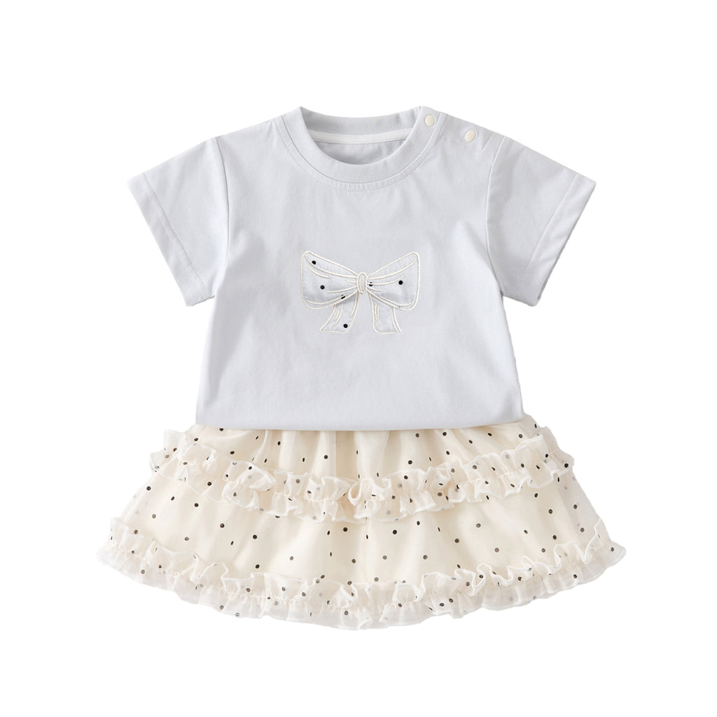 Bow Short Sleeve Summer Set, Sweet Polka Dot Tulle Skirt Two-Piece Outfit