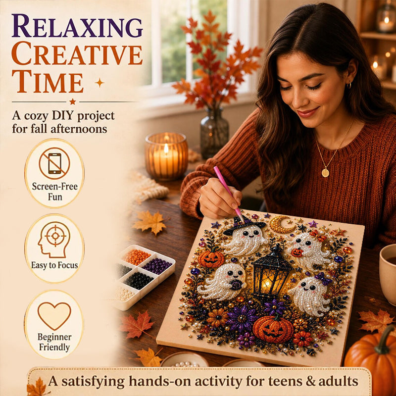 Spooky Ghost Diamond Art Kit, Halloween DIY Wall Decor for Adults & Beginners, Full Drill Gem Painting