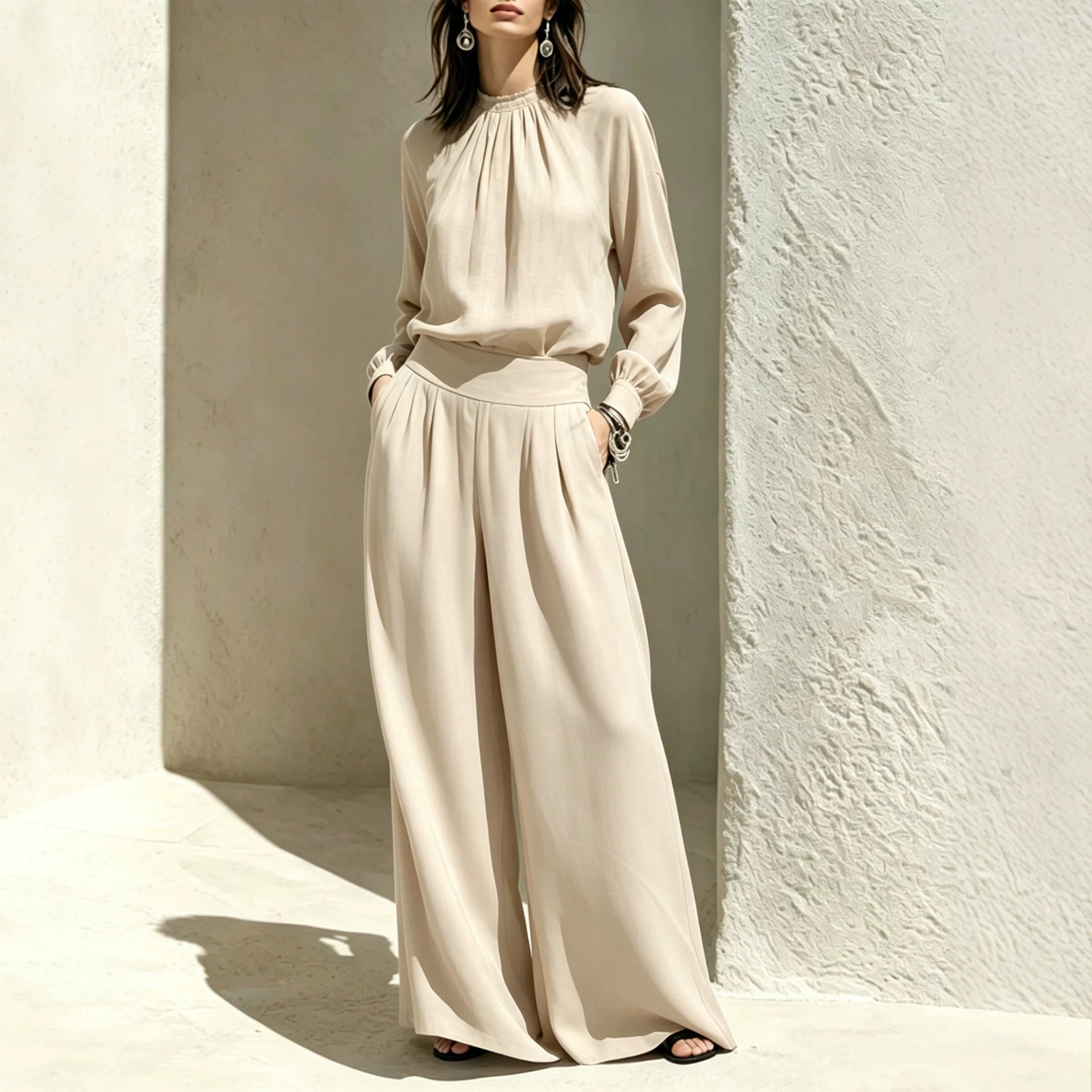 Casual Solid Color Long Sleeve Stand-up Collar Loose Fit Women's Fashion Set BlouseWide-leg Pants