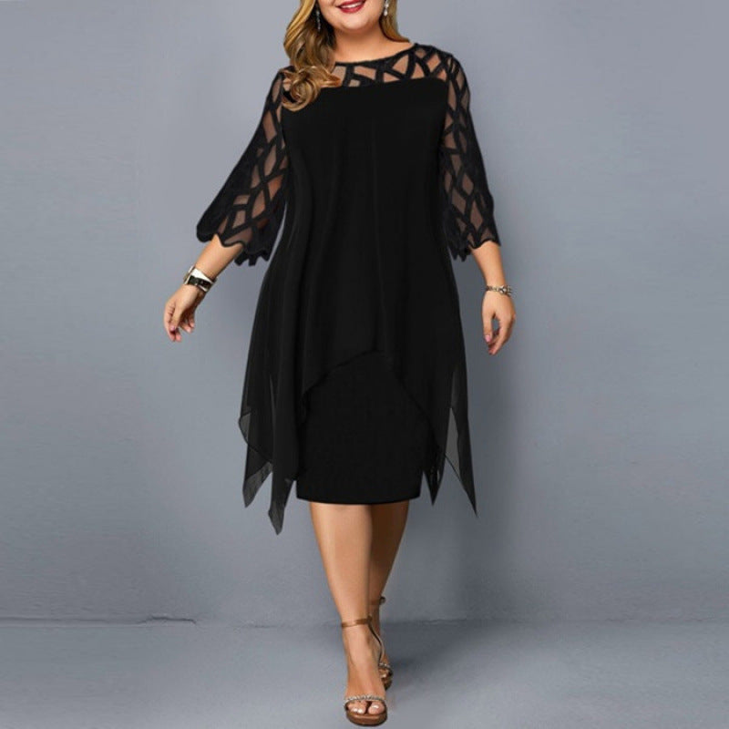 Lace Patchwork Three-Quarter Sleeve Irregular Hem Chiffon Dress