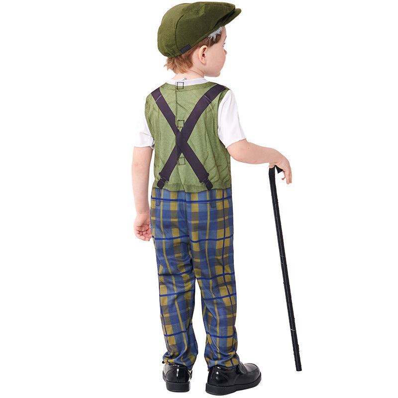 Halloween Costume Children's Role Play Grandpa Jumpsuit with Hat and Glasses Set Plaid Pants