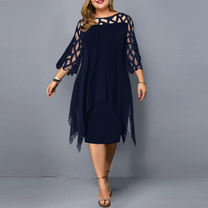 Lace Patchwork Three-Quarter Sleeve Irregular Hem Chiffon Dress