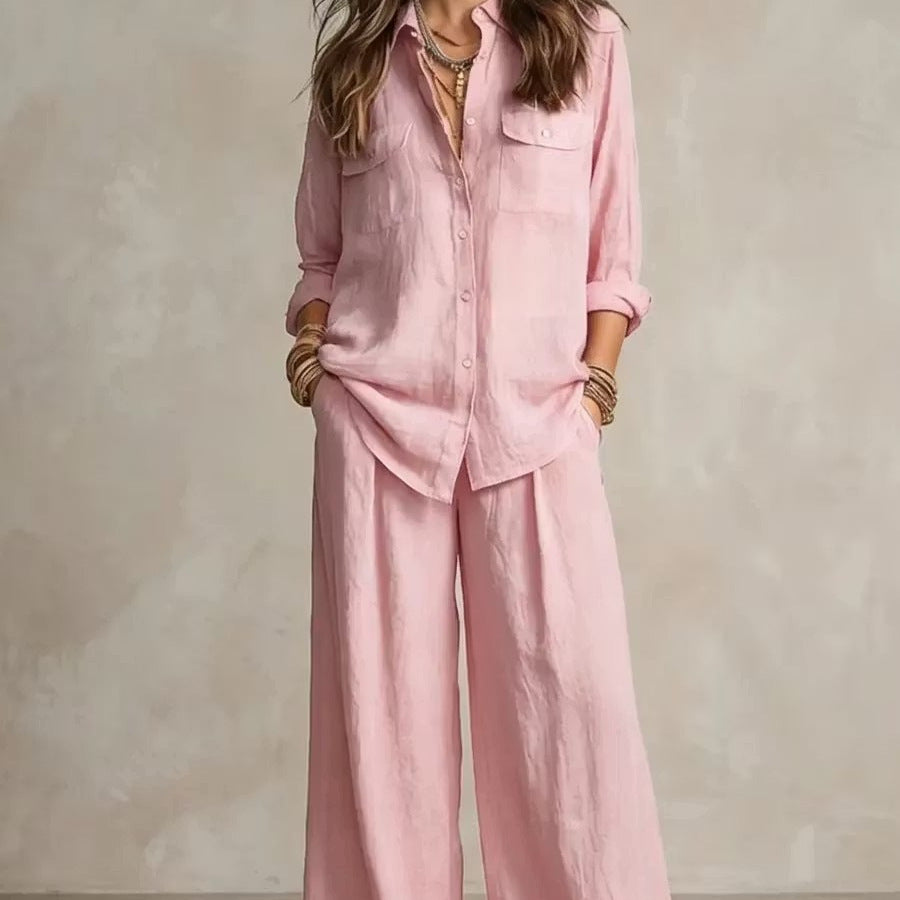 Chic Linen Set for Women, Breathable Lightweight Long Sleeve Shirt with Drapey Wide-Leg Pants, Vacation Style Casual Outfit