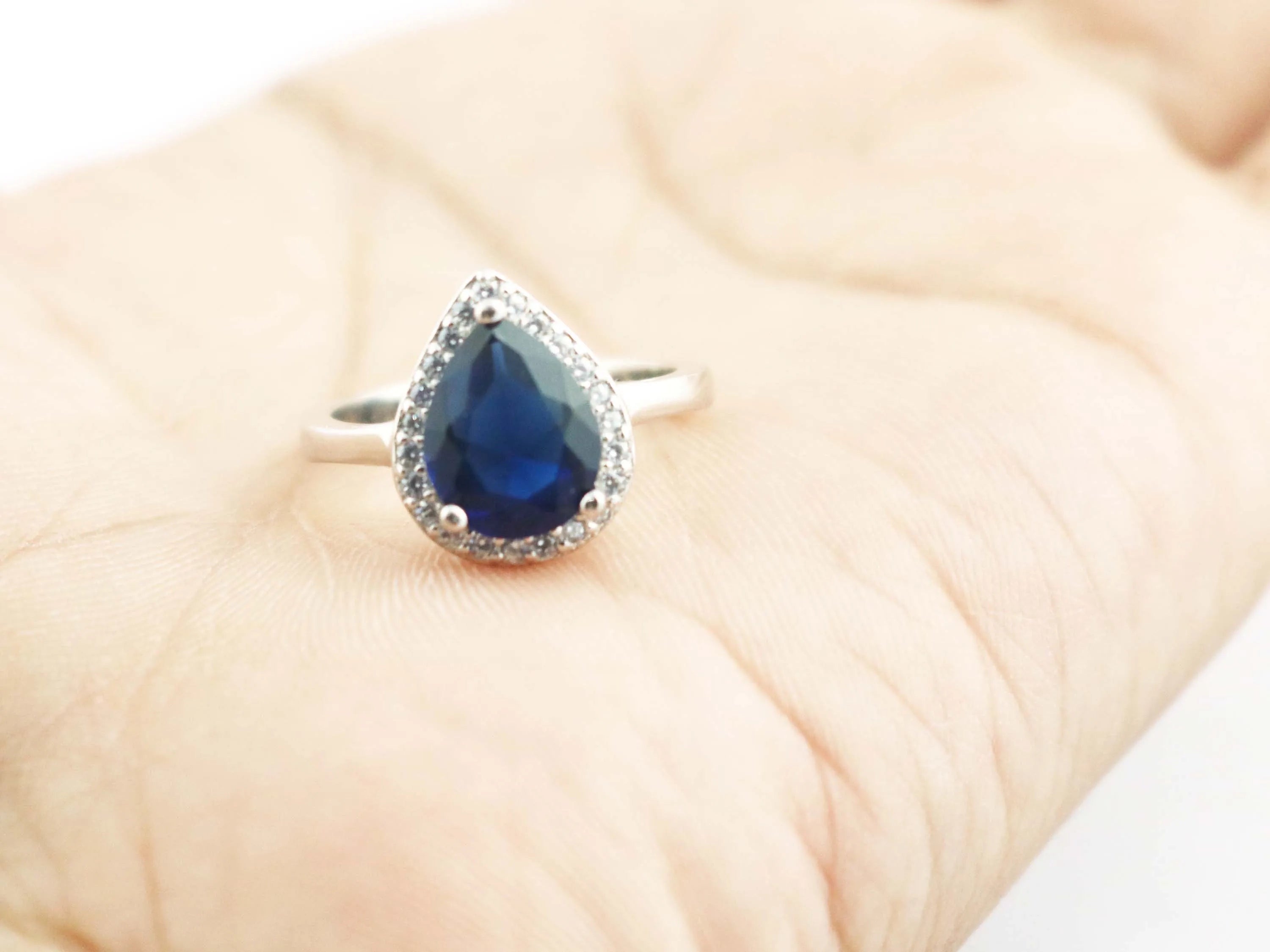 Sapphire Quartz Teardrop 925 Sterling Silver September Birthstone Promise Engagement Ring