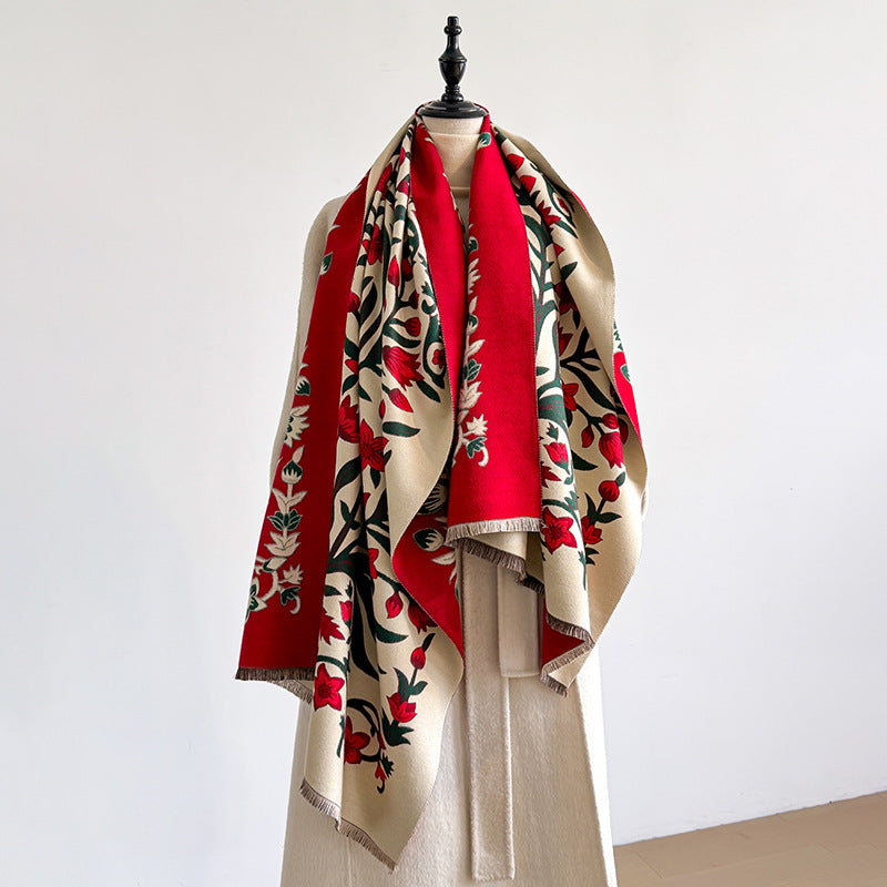 185x65cm Vintage Floral Faux Cashmere Scarf for Women, Thick Warm Neck Wrap