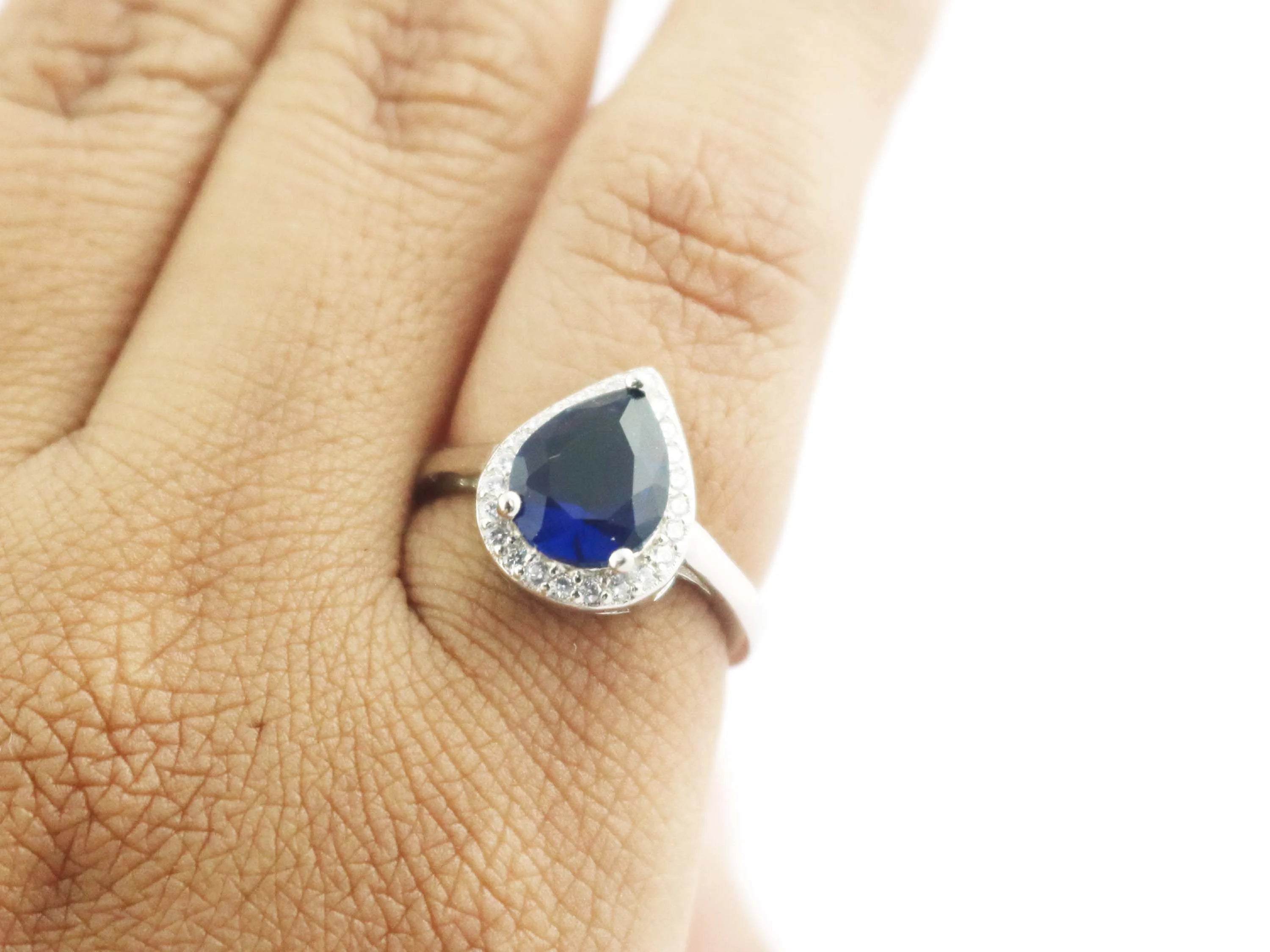 Sapphire Quartz Teardrop 925 Sterling Silver September Birthstone Promise Engagement Ring