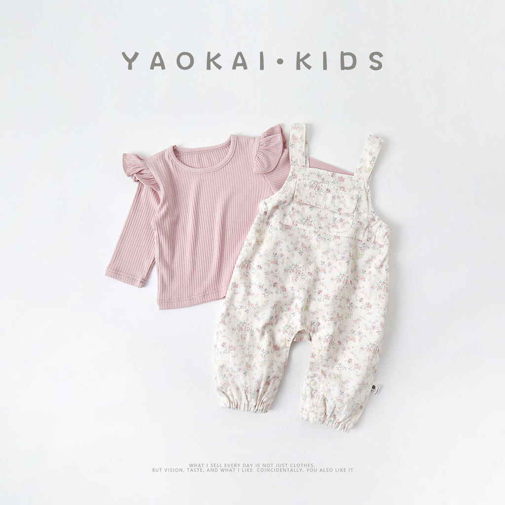 Floral Overalls Set with Bodysuit for Baby Girls, Autumn Fashion Two-Piece Outfit