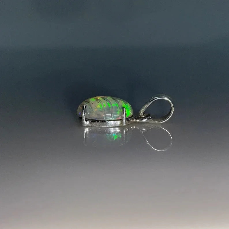 Ethiopian Natural Opal Vintage Imitation Pearl Multi Fire Carving Handcrafted Silver Plated Link Chain Pendant Dad's Gift