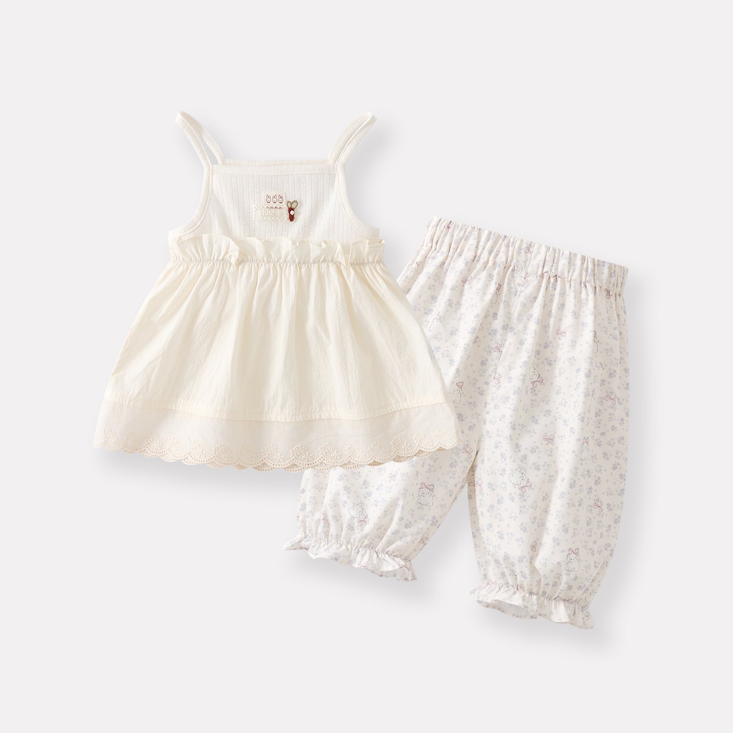 Cartoon Cute Rabbit Lace Strap Girl Baby Floral Breathable Cuffed Pants Two-Piece Set