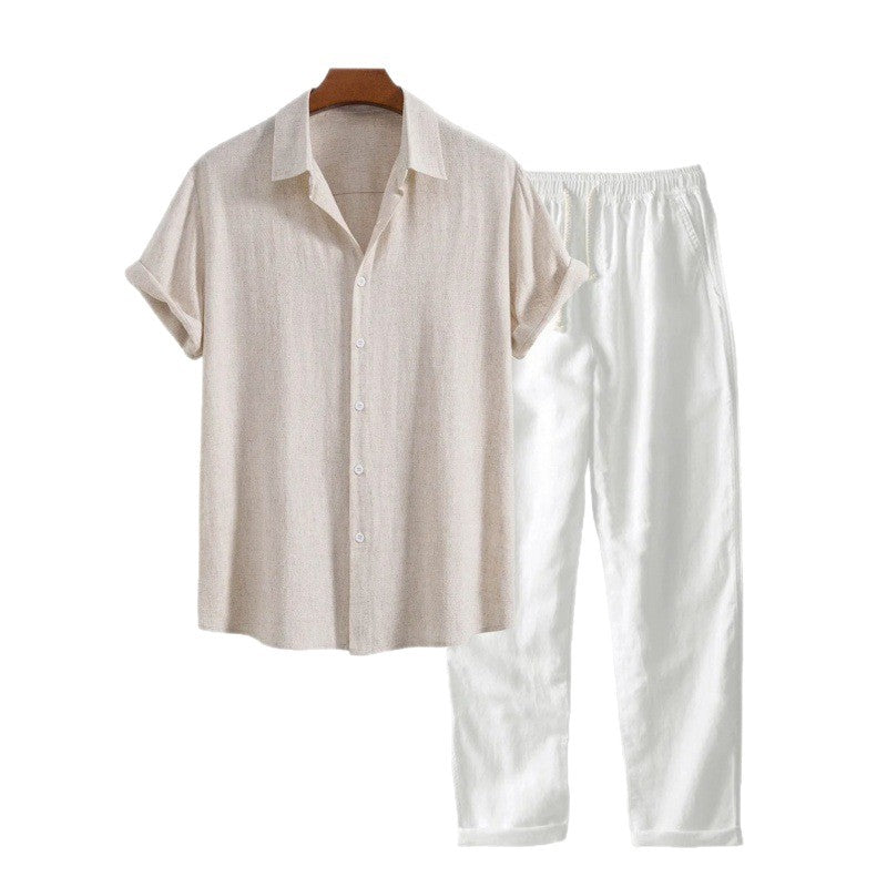 Men's Stand Collar Slim Fit Linen-Cotton Suit Set
