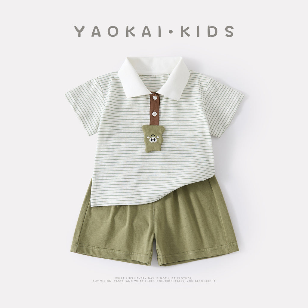 Stripe Polo Neck Short Sleeve Baby Casual Shorts Knit Two-Piece Set