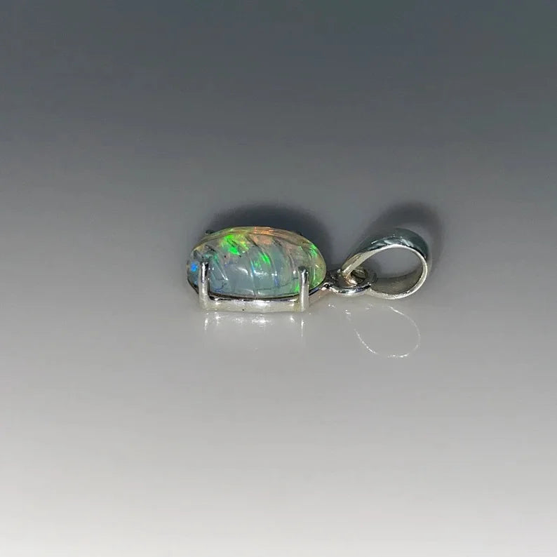 Ethiopian Natural Opal Vintage Imitation Pearl Multi Fire Carving Handcrafted Silver Plated Link Chain Pendant Dad's Gift