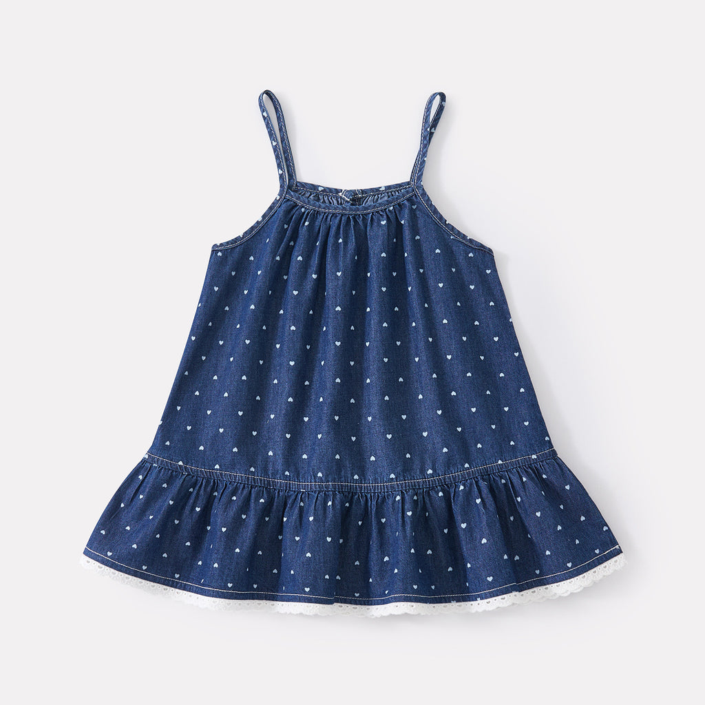Cute All-Over Heart Print Denim Strap Dress for Baby Girls, Summer Casual Lightweight