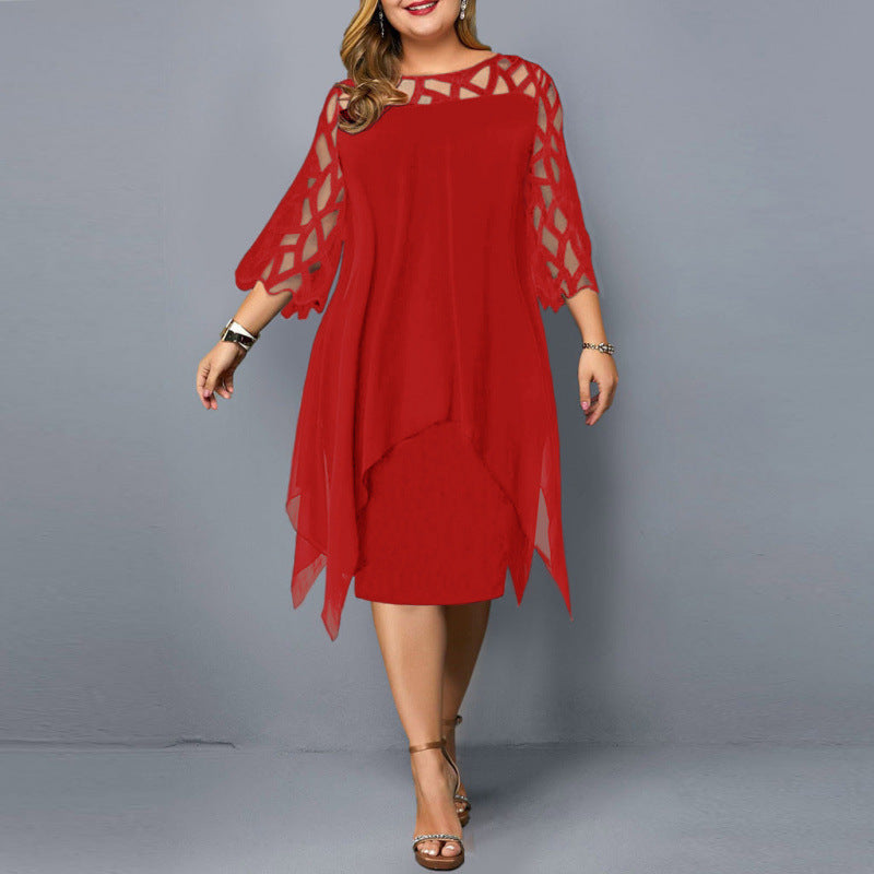 Lace Patchwork Three-Quarter Sleeve Irregular Hem Chiffon Dress