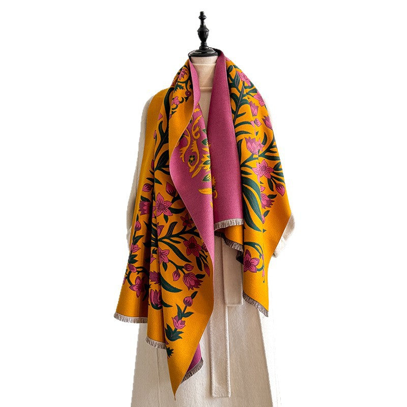 185x65cm Vintage Floral Faux Cashmere Scarf for Women, Thick Warm Neck Wrap
