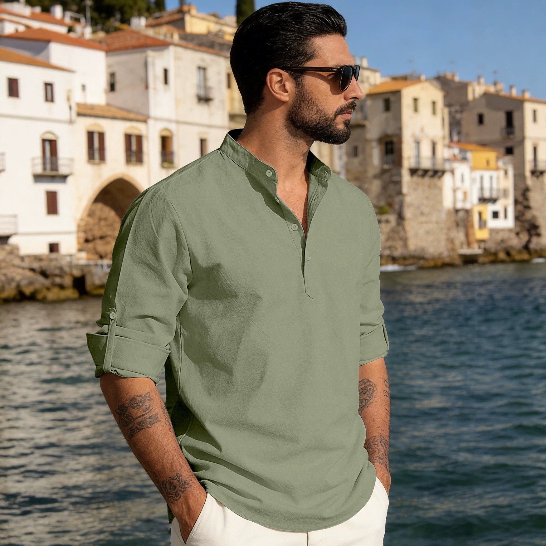 Men's Cotton Linen Henley Collar Solid Color Lightweight Long Sleeve Button-Down Shirt
