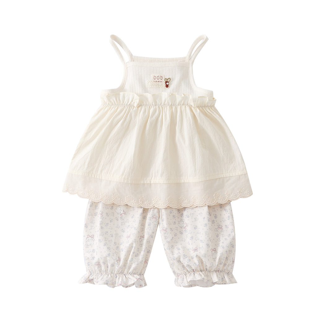 Cartoon Cute Rabbit Lace Strap Girl Baby Floral Breathable Cuffed Pants Two-Piece Set
