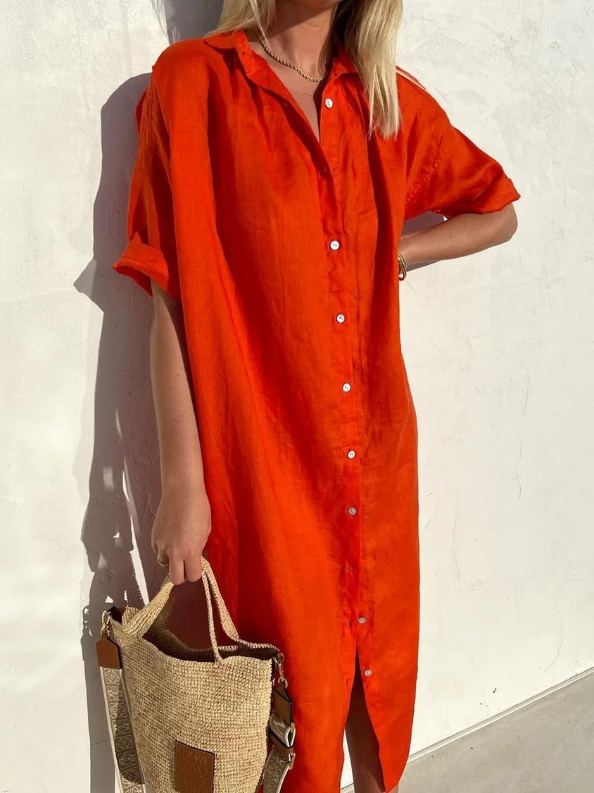 Loose Short Sleeve Button-Up Dress for Women