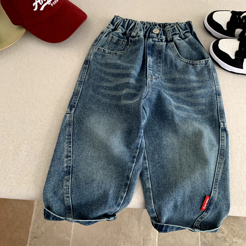 Children's retro distressed casual washed wide leg loose pants
