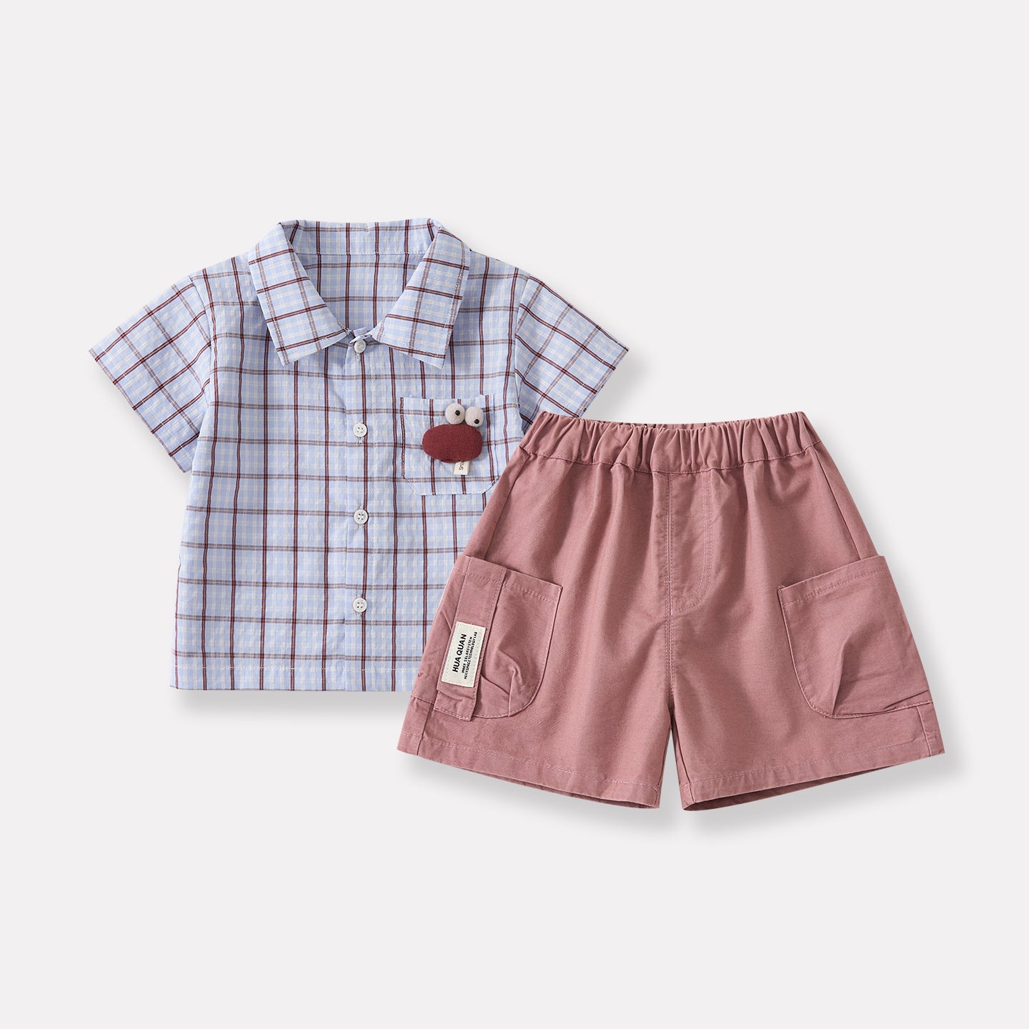 Infant and Toddler 3D Cartoon Checkered Short-Sleeve Shirt with Casual Lightweight Cargo Shorts Two-Piece Set