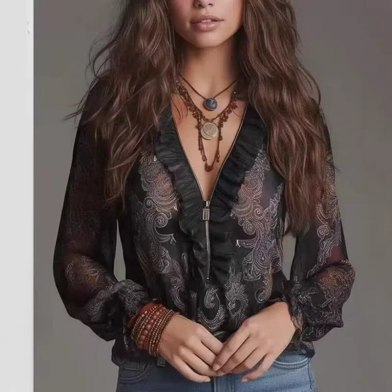 Romantic Boho Deep V-Neck Paisley Ruffle Chiffon Shirt