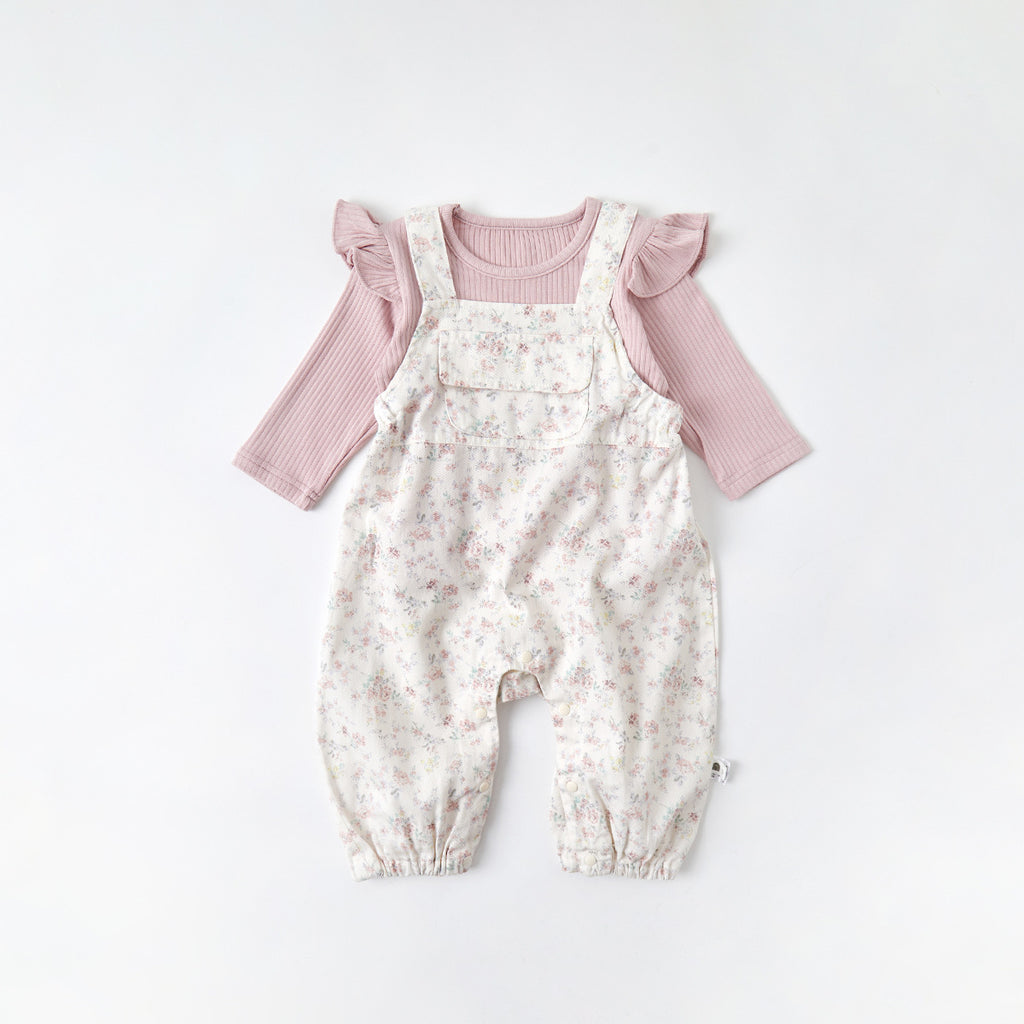 Floral Overalls Set with Bodysuit for Baby Girls, Autumn Fashion Two-Piece Outfit