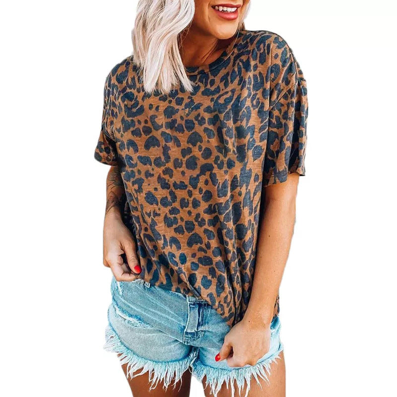 Leopard Pattern Crew Neck Casual Short Sleeve T-Shirt