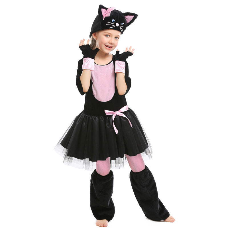 Halloween Animal Costume Cosplay Black and Pink Cat Bow Kids Performance Outfit