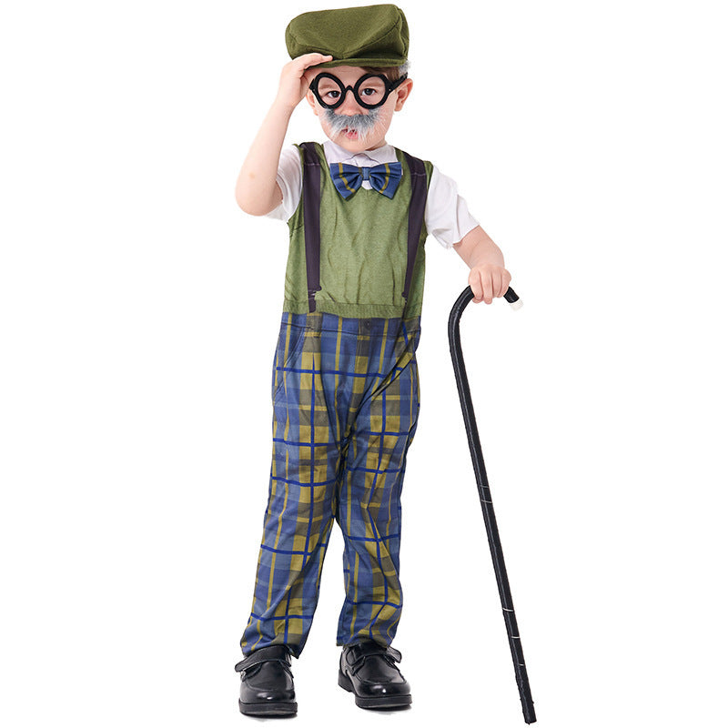 Halloween Costume Children's Role Play Grandpa Jumpsuit with Hat and Glasses Set Plaid Pants