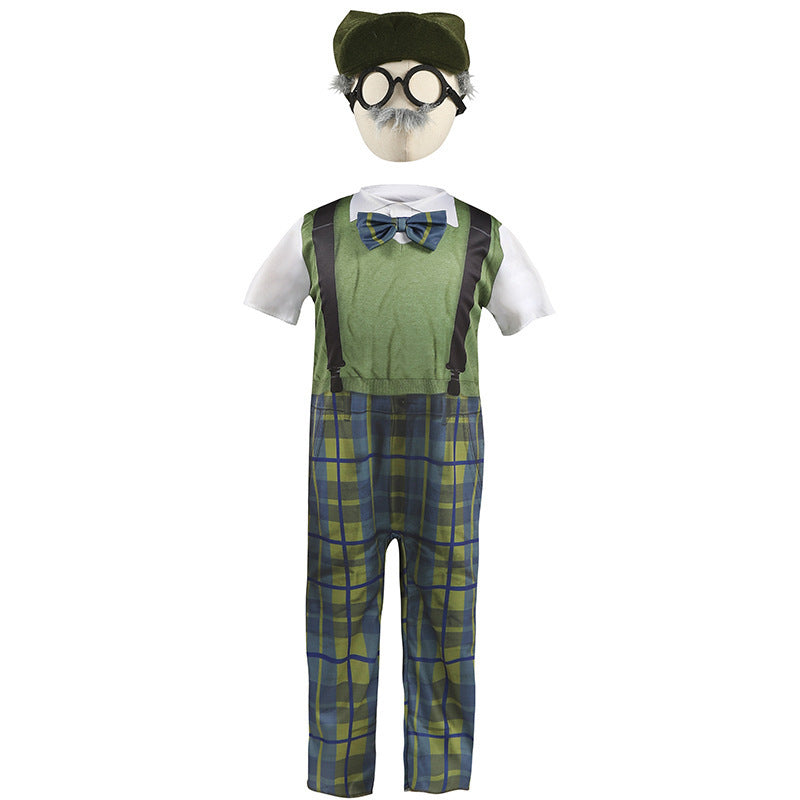 Halloween Costume Children's Role Play Grandpa Jumpsuit with Hat and Glasses Set Plaid Pants