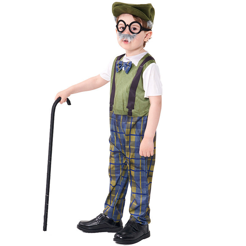 Halloween Costume Children's Role Play Grandpa Jumpsuit with Hat and Glasses Set Plaid Pants