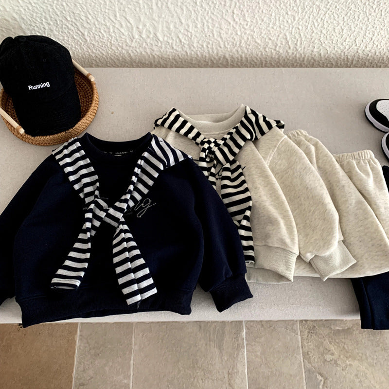 Children's striped shawl long sleeved top+versatile sweatpants casual sweatshirt set