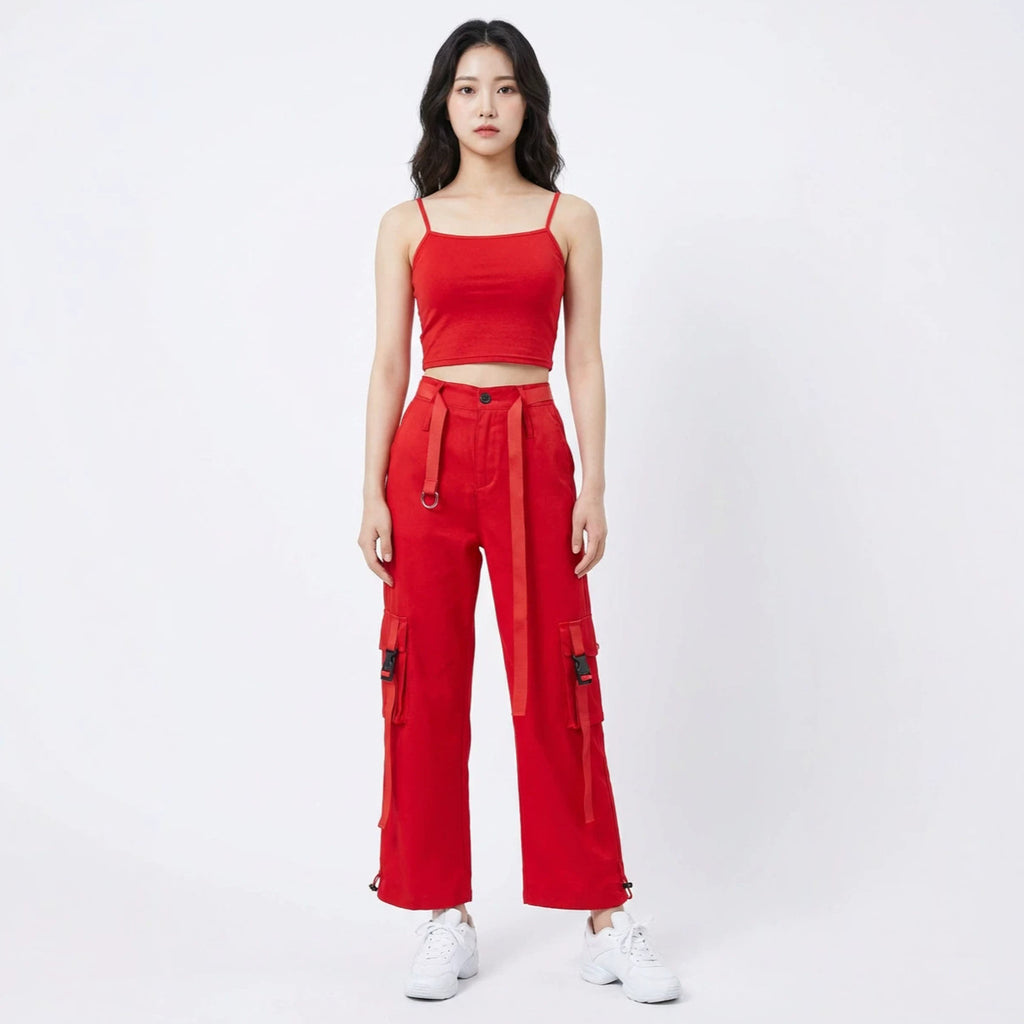 Red Trendy Jazz Hip-Hop Dance Performance Outfit, Girl Group Style Cheerleading Stage Costume Set