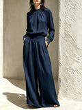 Casual Solid Color Long Sleeve Stand-up Collar Loose Fit Women's Fashion Set BlouseWide-leg Pants