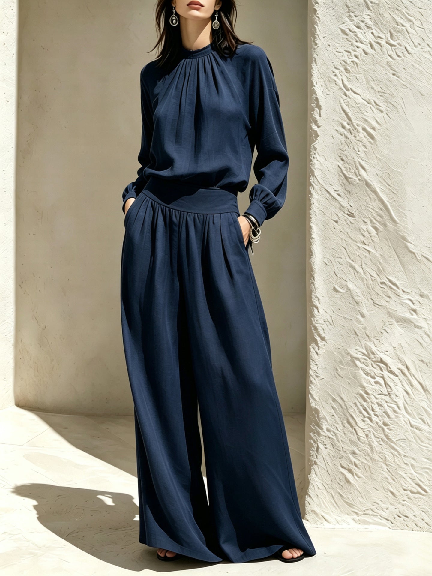 Casual Solid Color Long Sleeve Stand-up Collar Loose Fit Women's Fashion Set BlouseWide-leg Pants