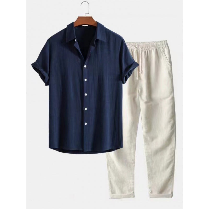 Men's Stand Collar Slim Fit Linen-Cotton Suit Set
