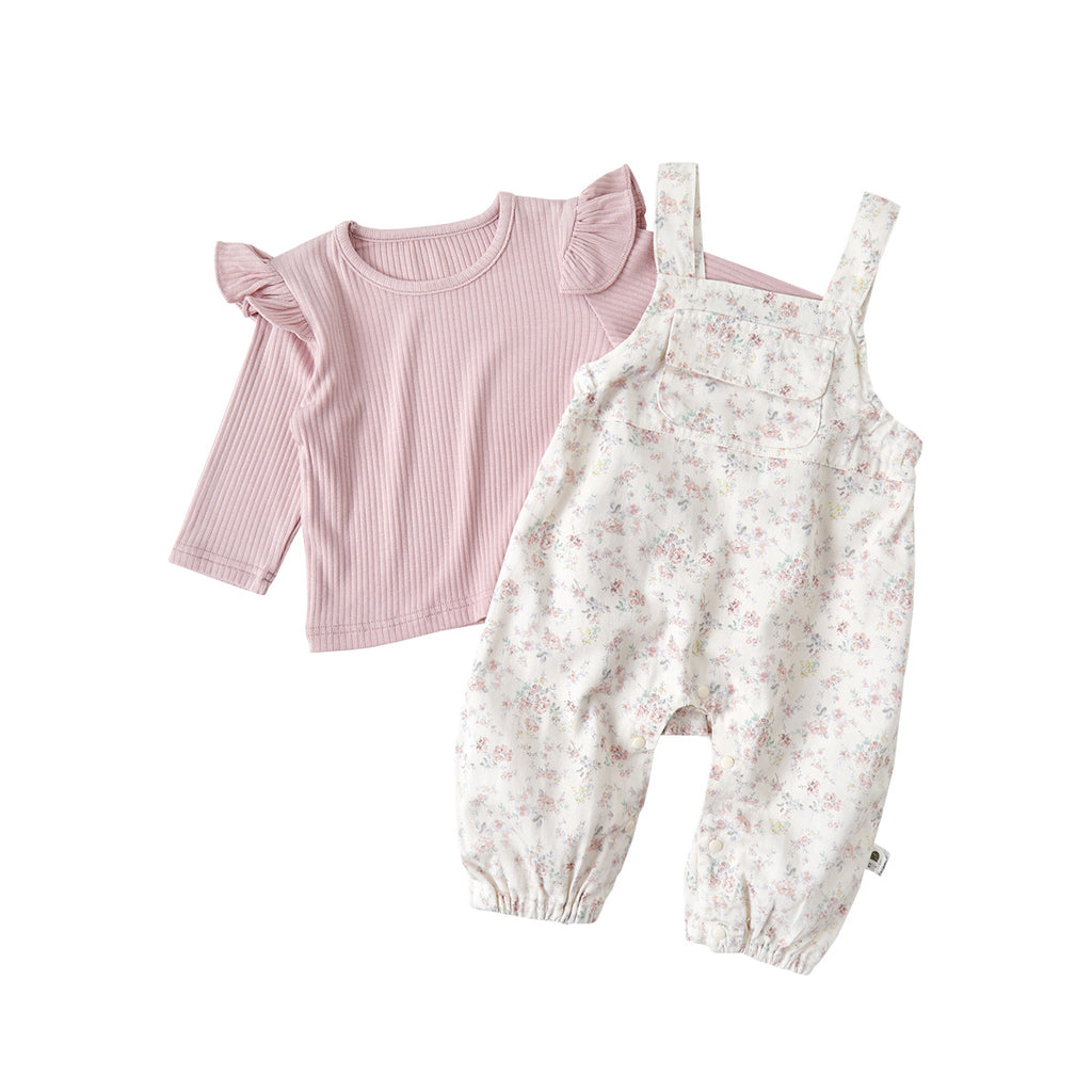 Floral Overalls Set with Bodysuit for Baby Girls, Autumn Fashion Two-Piece Outfit