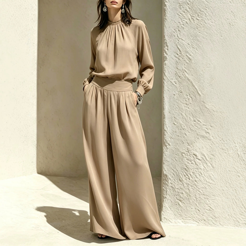 Casual Solid Color Long Sleeve Stand-up Collar Loose Fit Women's Fashion Set BlouseWide-leg Pants