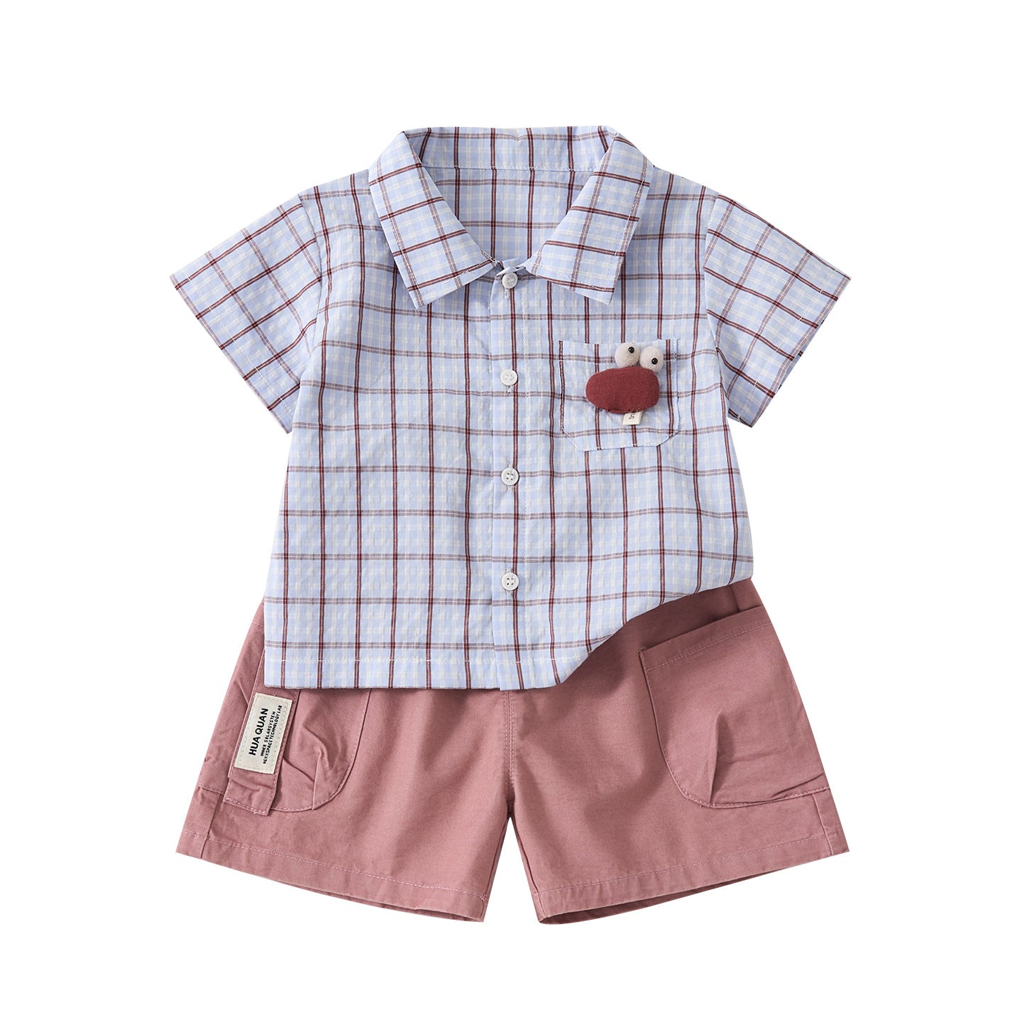 Infant and Toddler 3D Cartoon Checkered Short-Sleeve Shirt with Casual Lightweight Cargo Shorts Two-Piece Set