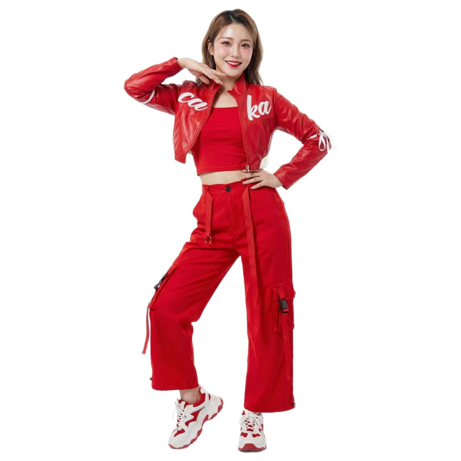 Red Trendy Jazz Hip-Hop Dance Performance Outfit, Girl Group Style Cheerleading Stage Costume Set