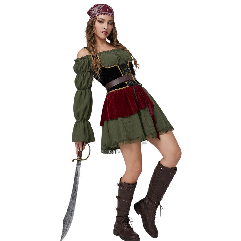 Halloween Women's Pirate Costume Adult Off-Shoulder Vintage Dress Caribbean Pirate Cosplay Party Dance