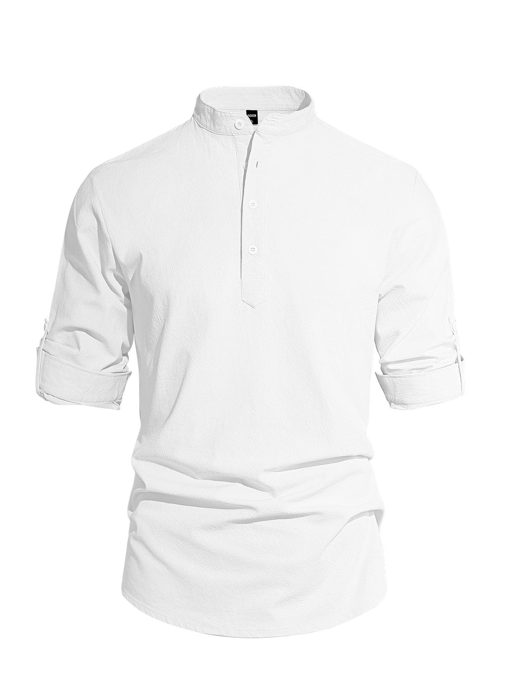 Men's Cotton Linen Henley Collar Solid Color Lightweight Long Sleeve Button-Down Shirt