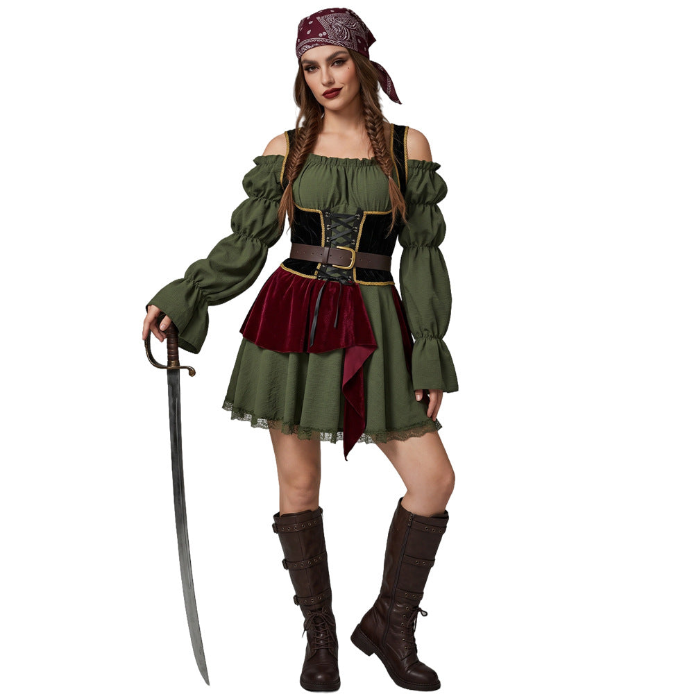 Halloween Women's Pirate Costume Adult Off-Shoulder Vintage Dress Caribbean Pirate Cosplay Party Dance