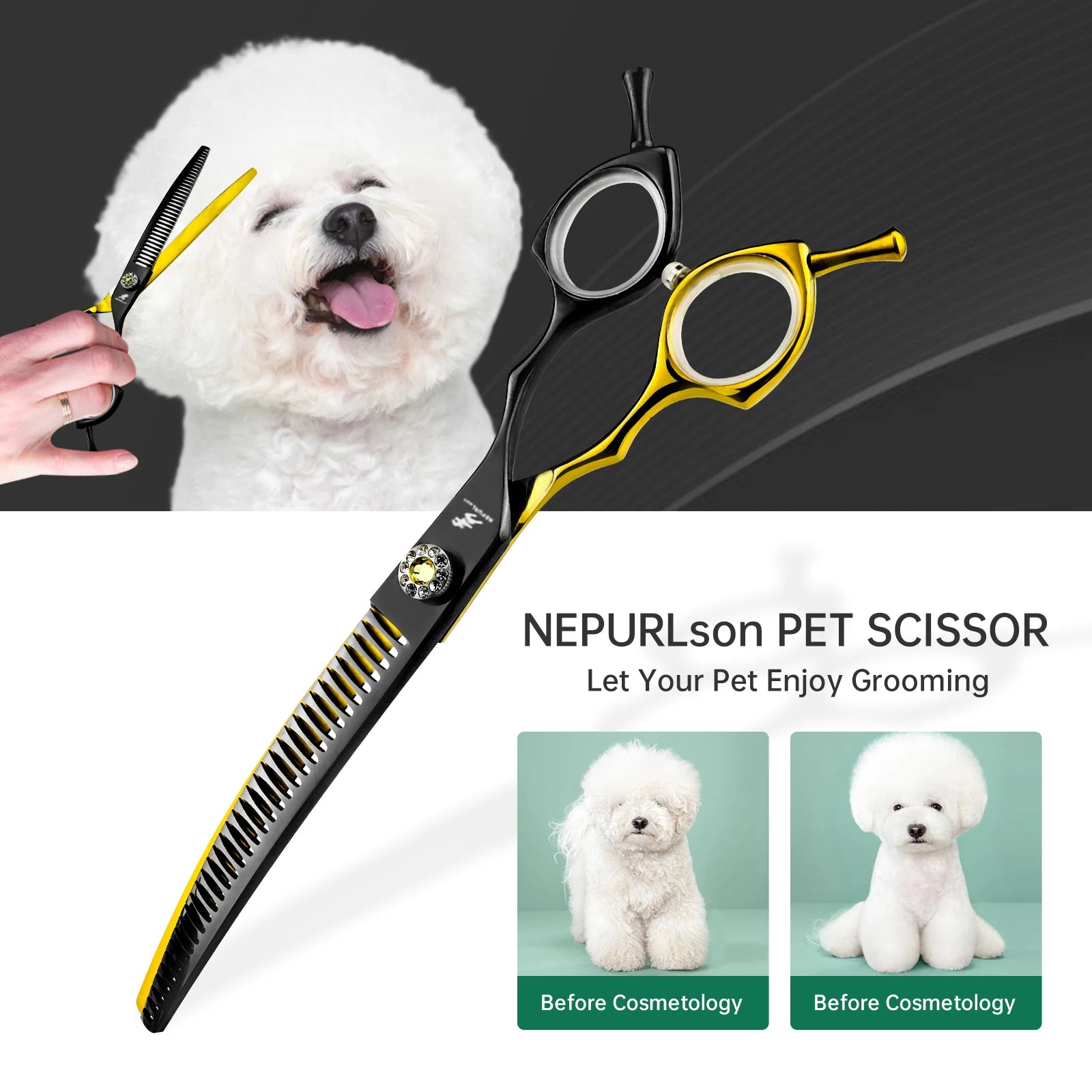 7.5inch Black&Gold Japan 440c Curved Fishbone/Dense Scissors  Paint  Shaped Scissors Pet Grooming Veterinary  Scissors PT-173