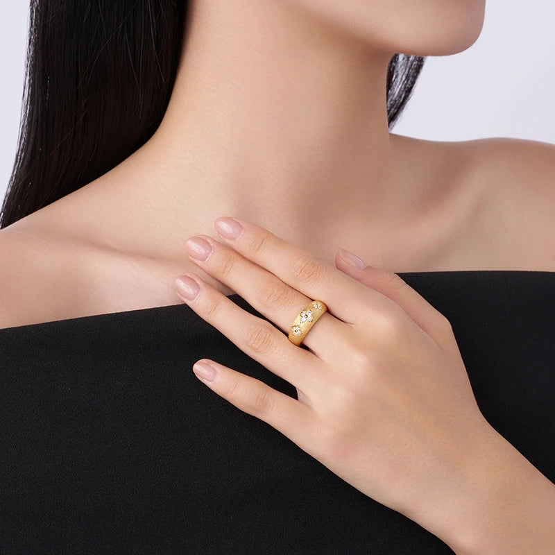 18K Gold Plated Wide Band Ring, Round Moissanite Flower Motif Brushed Finish Statement Stackable Ring for party Daily Wear